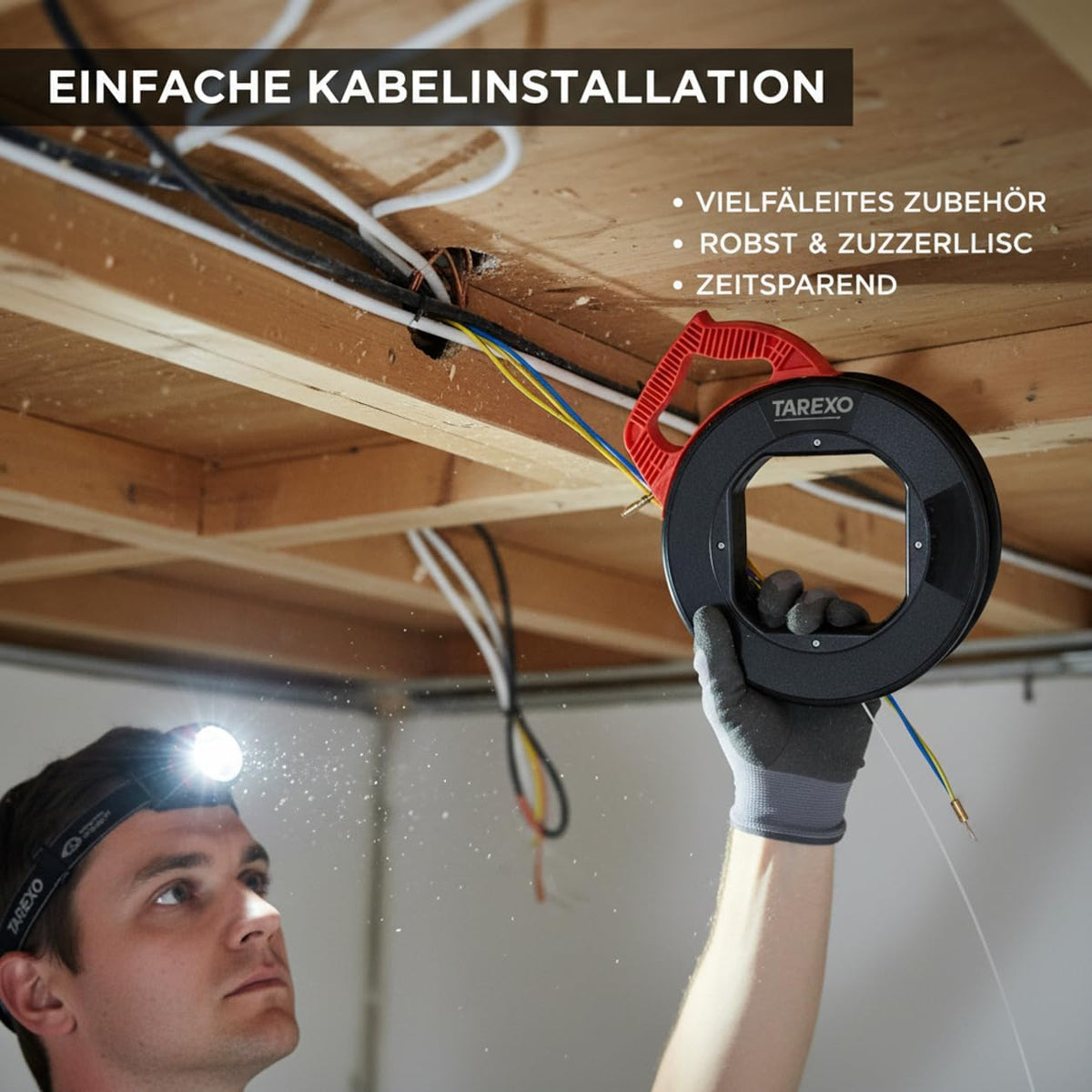TAREXO Kabeleinziehhilfe 30 m, Glasfaser-Einziehband mit 17-teiligem Zubehör